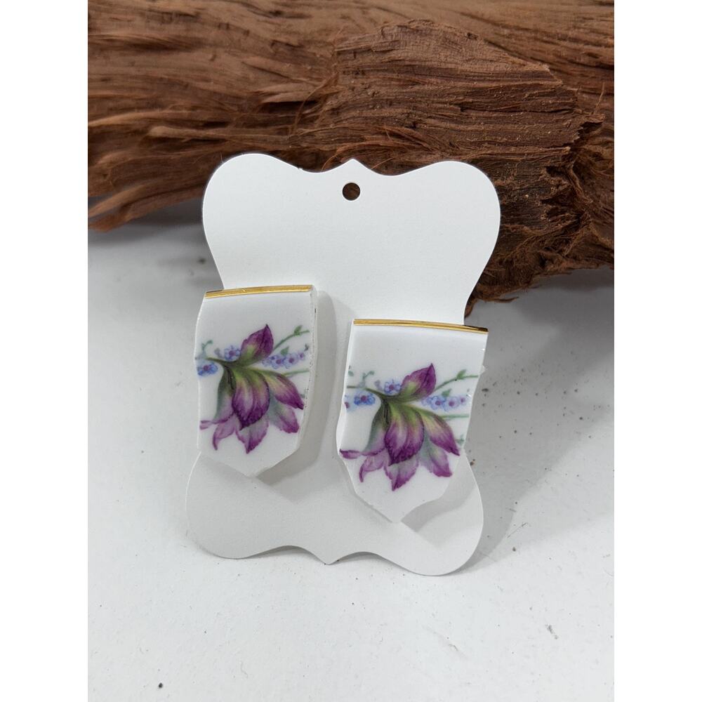 Handmade Broken China Earrings Blue Flower Botanical Gold Weddings Birthday Gift